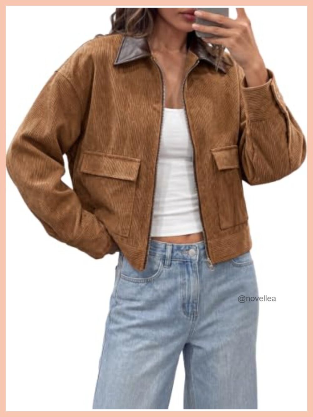 Womens Cropped Corduroy Jacket Oversized Zip Up Barn Bomber Coat